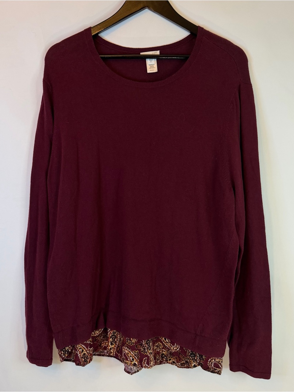 J.Jill Tunic Sweater Women XL Long Sleeve Layered Burgundy Back Faux Button Ltwt